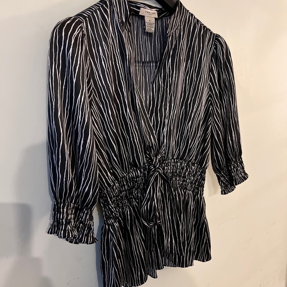 Vertigo Paris Striation  Plunge Neckline Blouse Elastic Waist & Sleeves Med - Picture 6 of 9